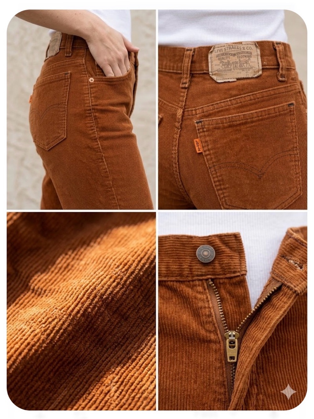 VTG Levi's 517 Orange Tab Corduroy Pants Cognac Brown Flare High Rise 70s 26” b1